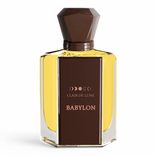 A sample of Clair de Lune Babylon, a luxurious extrait de parfum with saffron, leather, cocoa, and dark chocolate, available in perfume samples and decants