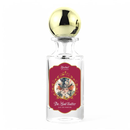 A decant of Mischief Academy’s The Mad Hatter, a bold unisex fragrance with cognac, rum, toffee, and leather, inspired by Wonderland, available in perfume samples