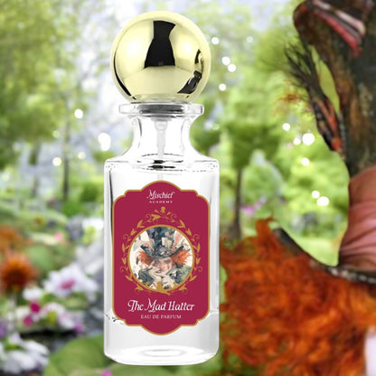 Close-up of a fragrance sample of The Mad Hatter, showcasing its rich amber, black tea, and creamy gourmand notes, perfect for lovers of bold and unique scents