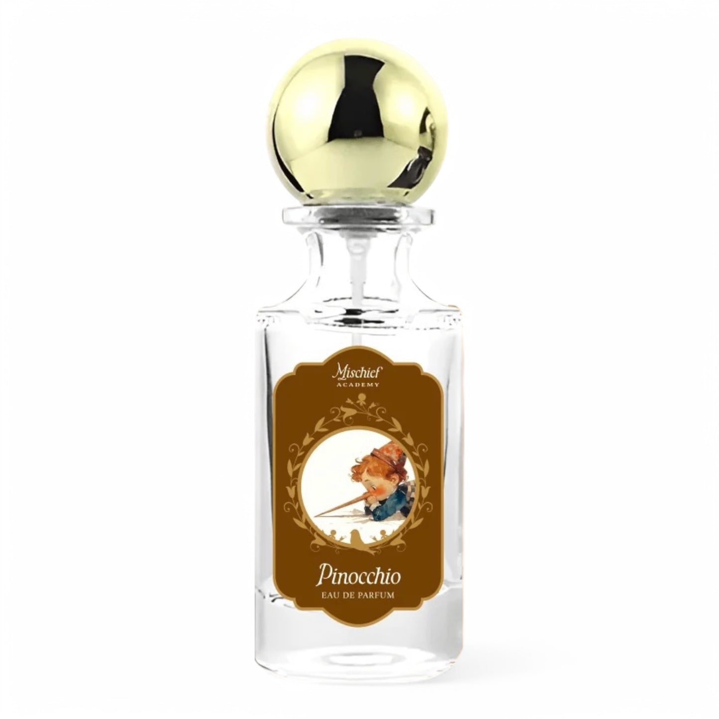 A decant of Mischief Academy’s Pinocchio, a woody fragrance with palo santo, sandalwood, and peach, inspired by the classic tale, available in perfume samples