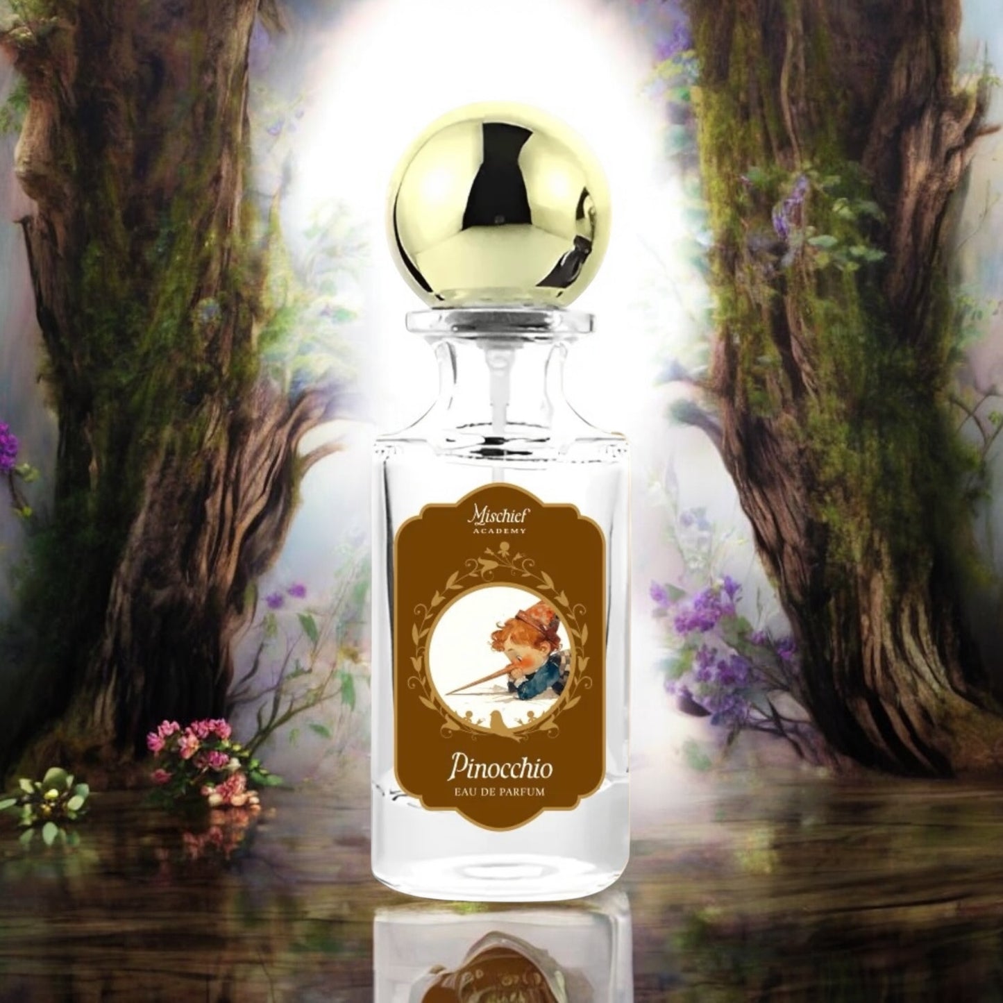 Close-up of a fragrance sample of Pinocchio, highlighting its soft palo santo, saffron, and cedarwood notes, evoking the warmth of freshly carved wood