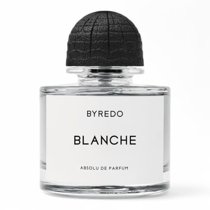 A sample of Byredo Blanche Absolu de Parfum, a refined fragrance with aldehydes, rose, and cashmere woods, available in perfume decants and testers.