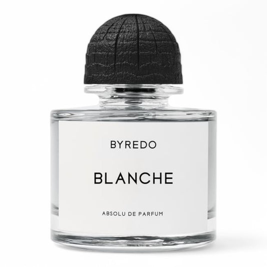 A sample of Byredo Blanche Absolu de Parfum, a refined fragrance with aldehydes, rose, and cashmere woods, available in perfume decants and testers.