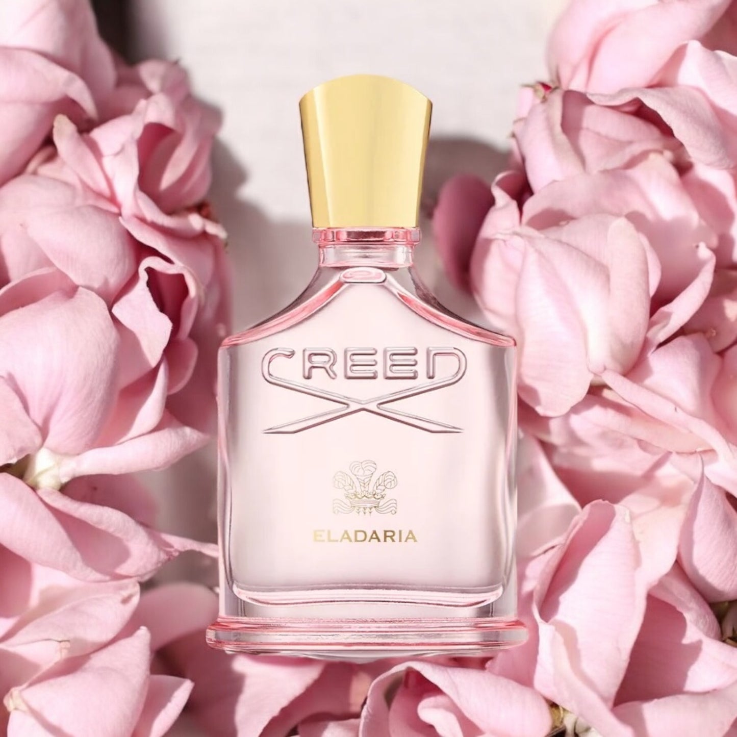 Close-up of a perfume sample of Creed Eladaria, highlighting its floral heart of rose, peony, and lily of the valley, with a base of vanilla and musk.